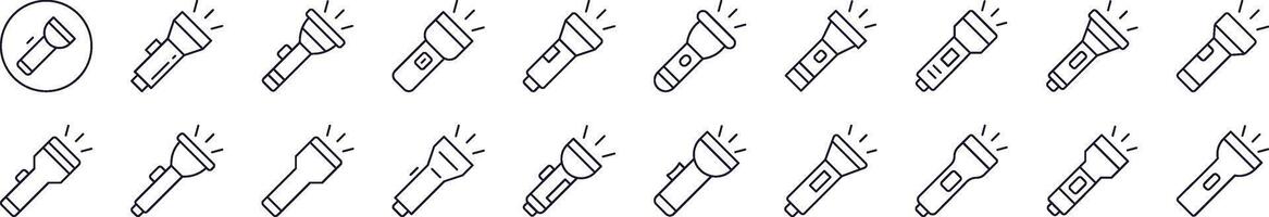 Collection of Line Icons of Flashlight. Editable Stroke. Minimalistic Linear Pictogram for Design of Cards, Apps, Banners, Posts vector