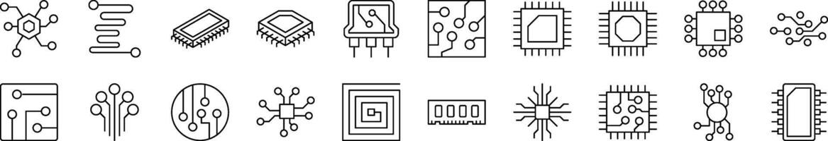 Bundle of Line Icons of Chip and Scheme. Editable Stroke. Minimalistic Linear Pictogram for Design of Cards, Apps, Banners, Posts vector