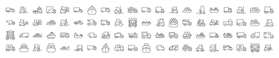 Set of Line Icons of Ship, Van, Tractor. Editable Stroke. Minimalistic Linear Pictogram for Design of Cards, Apps, Banners, Posts vector