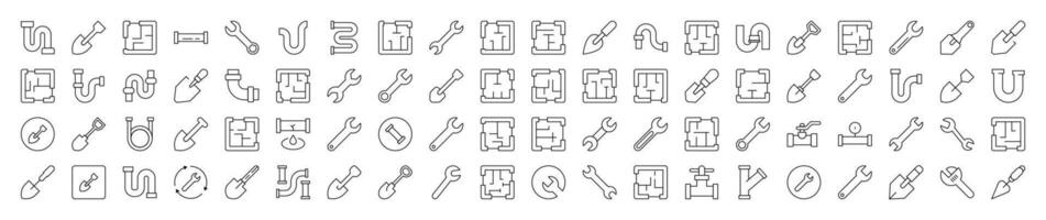 Collection of Repair and Renovation Related Line Icons. Editable Stroke for Design, Web Sites, Apps, Cards. Contains Linear Images of Floor Plan, Shovel, Spanner, Pipe vector
