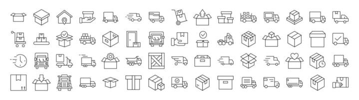 Collection of Delivery Related Line Icons. Editable Stroke for Design, Web Sites, Apps, Cards. Contains Linear Images of Boxes and Vans vector