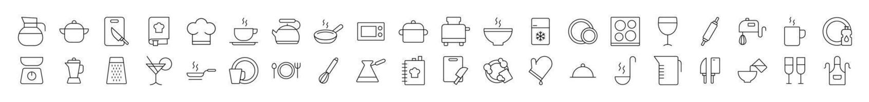 Minimalistic Linear Illustrations of Kitchen and Cooking. Contains Icons of Cutting Board, Frying Pan, Cutlery, Cookbook that Can Be Used for Design of Cards, Posts, Apps, Web Sites vector