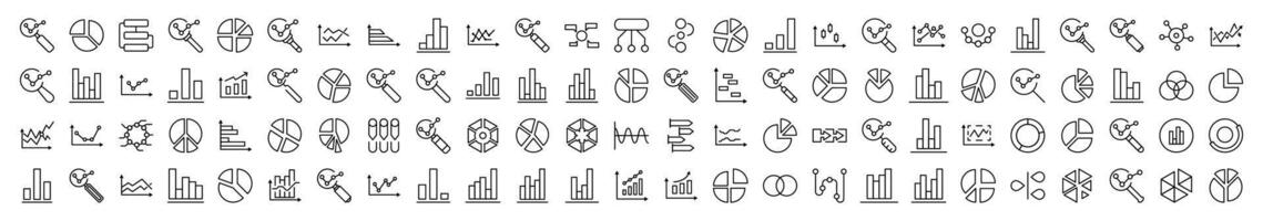 Magnifying Glass, Progress Bar, Pie Chart, Analytics Related Icon Set. Editable Stroke. Suitable for Web Sites, Books, Cards, Apps vector