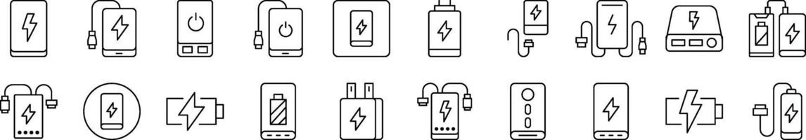Set of Line Icons of Energy, Charger, Battery. Editable Stroke. Minimalistic Linear Pictogram for Design of Cards, Apps, Banners, Posts vector