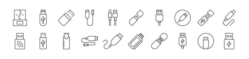 USB Cable Outline Web Line Icons Collection. Editable Stroke. Minimalistic Linear Pictogram for Design of Cards, Apps, Banners, Posts vector