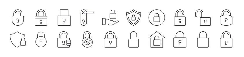 Collection of Line Icons of Lock. Editable Stroke. Minimalistic Linear Pictogram for Design of Cards, Apps, Banners, Posts vector