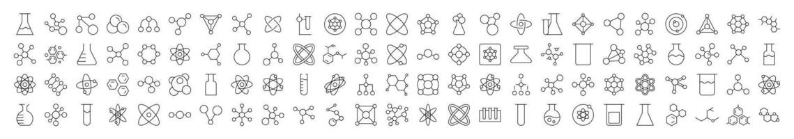 Collection of Science Related Line Icons. Editable Stroke for Design, Web Sites, Apps, Cards. Contains Linear Images of Chemical Compound, Atom, Laboratory Bulb vector