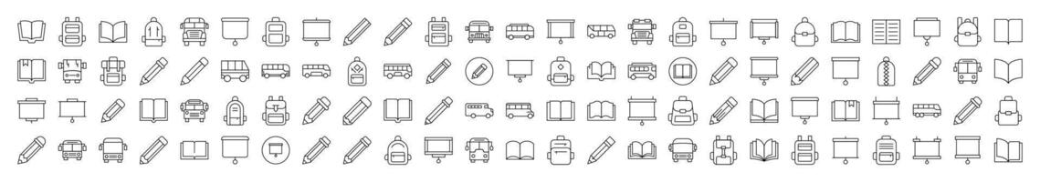Collection of Line Icons of Pen, Presentation Board, Bus, School Bag, Book. Editable Stroke. Minimalistic Linear Pictogram for Design of Cards, Apps, Banners, Posts vector