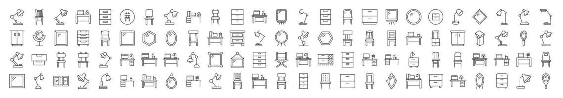 Furniture for Interior Related Outline Picture Set. Contains Icons of Workplace, Mirror, Chair, Table Lamp for Banners, Infographics, Books, Articles and Other Types of Design vector