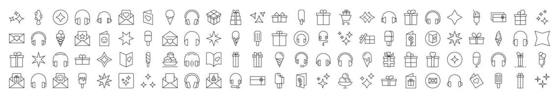 Bundle of Line Icons of Party, Holiday, Headphones, Postcard. Editable Stroke. Minimalistic Linear Pictogram for Design of Cards, Apps, Banners, Posts vector
