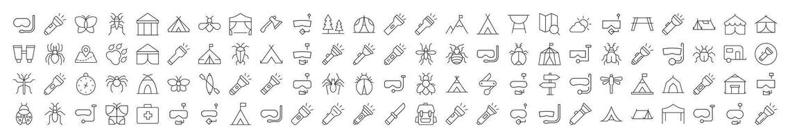 Camping Line Icon Bundle. Modern Collection for Design, Web Sites, Apps, Cards. Contains Linear Images of Flashlight, Diving Mask, Tent, Axe, Insect vector