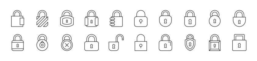 Padlock and Lock Set of Thin Icons. Editable Stroke. Suitable for Web Sites, Books, Cards, Apps vector