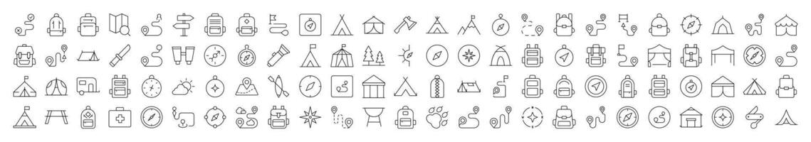 Backpack, Road, Map Pin, Compass, Tent Line Icon Bundle. Editable Stroke. Minimalistic Linear Pictogram for Design of Cards, Apps, Banners, Posts vector