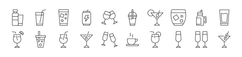 Collection of Line Icons of Alcoholic Drink, Energy Drink, Soft Drinks Drawn with Thin Line for apps, web sites, banners, infographics and other types of design vector