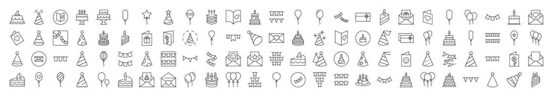 Cake, Holiday Hat, Postcard, Garland, Balloon Related Line Icons for Web Sites, Books, Cards, Apps. Editable Stroke. Suitable for Web Sites, Books, Cards, Apps vector