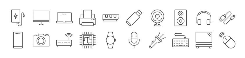 Microphone, USB Cable, Camera, Chip etc Line Icon Collection. Editable Stroke. Perfect for Infographics, Articles, Books, Flyers, Banners vector