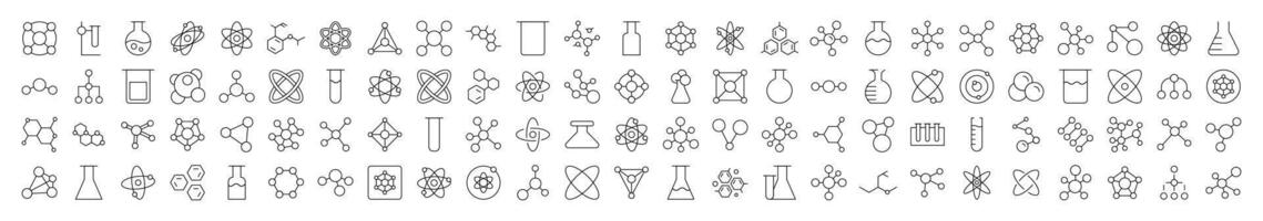 Chemical Compound, Atom, Laboratory Bulb Thin Line Icon Set. Editable Stroke. Suitable for Banners, Cards, Social Networks, Apps vector