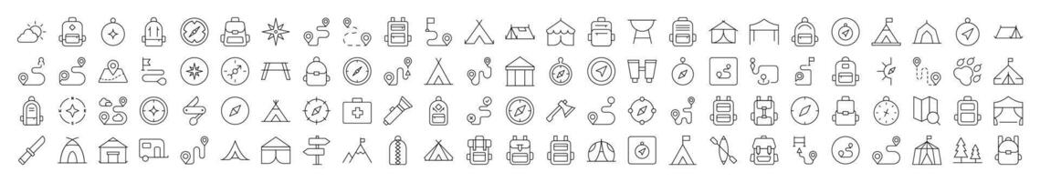 Pack of Line Icons of Backpack, Road, Map Pin, Compass, Tent. Editable Stroke. Minimalistic Linear Pictogram for Design of Cards, Apps, Banners, Posts vector