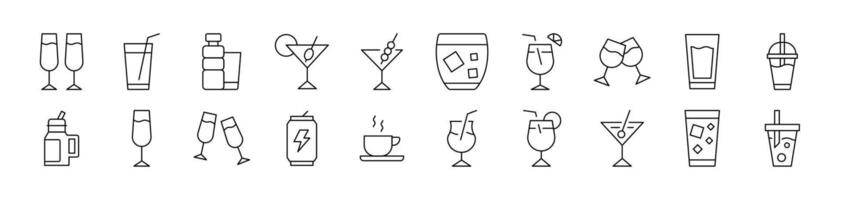 Collection of Outline Symbols of Alcoholic Drink, Energy Drink, Soft Drinks Drawn with Thin Line for apps, web sites, banners, infographics and other types of design vector