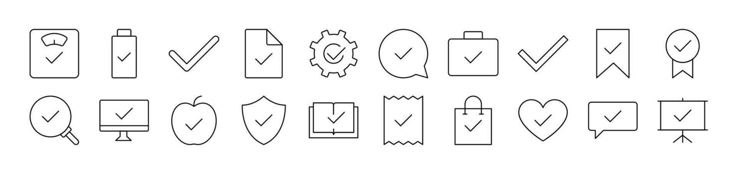 Checkmark on Various Elements Outline Image Collection. Editable Stroke. Perfect for Infographics, Articles, Books, Flyers, Banners vector
