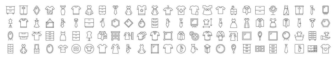 Closet, Wardrobe, Mirror, Dress, T Shirt Line Icon Set. Editable Stroke. Minimalistic Linear Pictogram for Design of Cards, Apps, Banners, Posts vector