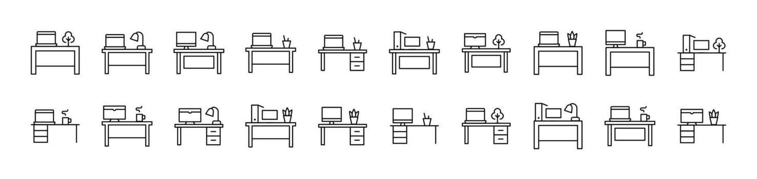Computer on Table Collection of Thin Icons. Editable Stroke. Suitable for Web Sites, Books, Cards, Apps vector