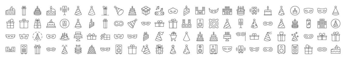 Party Line Icon Bundle. Modern Collection for Design, Web Sites, Apps, Cards. Contains Linear Images of Musical Center, Cake, Masquerade Mask, Gift, Present vector