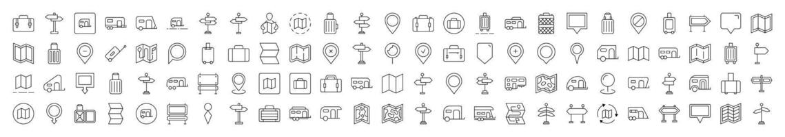 Motorhome, Map Pin, Baggage, Direction Pointer Thin Icons Collection. Editable Stroke. Suitable for Web Sites, Books, Cards, Apps vector