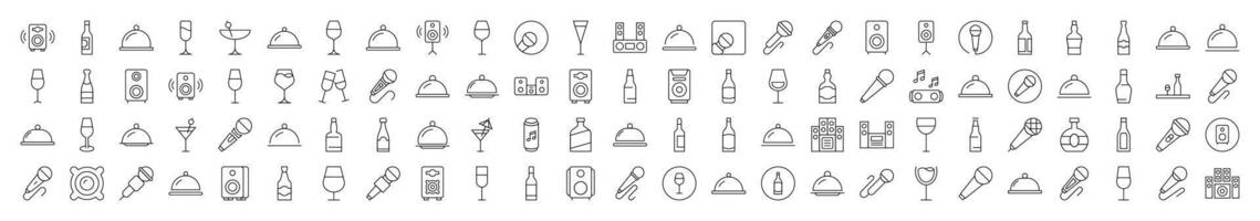 Cocktail, Bowl with Cloche, Bottle, Loud Speaker Pictograms Drawn with Thin Line. Collection of Various Design Elements that Can Be Used for Apps, Articles, Web Sites, Social Media vector