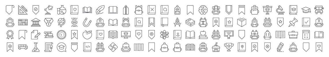 School, College, University Line Icon Set. Modern Collection for Design, Web Sites, Apps, Cards. Contains Linear Images of Backpack, Bookmark, Book, Clock vector