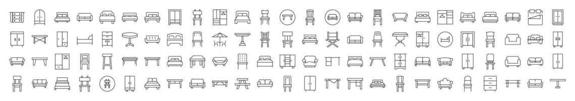 Collection of Images of Wardrobe, Bed, Sofa, Table, Chair Drawn with Thin Line for apps, web sites, banners, infographics and other types of design vector