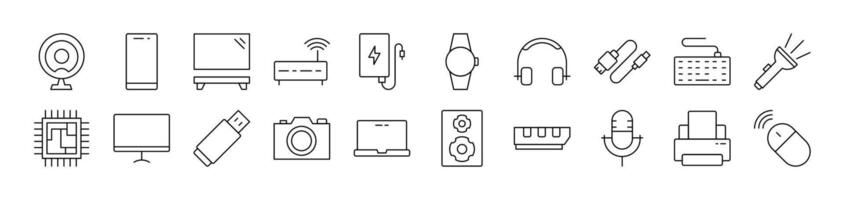 Microphone, USB Cable, Camera, Chip etc Outline Icon Collection. Editable Stroke. Perfect for Infographics, Articles, Books, Flyers, Banners vector