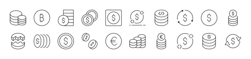Various Coins Outline Picture Collection. Editable Stroke. Perfect for Infographics, Articles, Books, Flyers, Banners vector