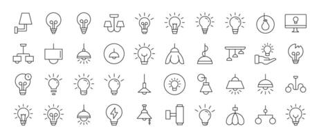 Light Bulbs, Lamps, Chandeliers Simple Isolated Line Icons Collection. Editable Stroke. Suitable for Web Sites, Books, Cards, Apps vector