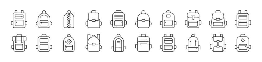Schoolbag, Bag for Tracking and Hiking Outline Icon Collection. Editable Stroke. Perfect for Infographics, Articles, Books, Flyers, Banners vector