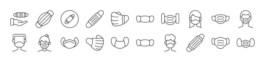 Collection of Outline Signs of Medical Face Mask Drawn with Thin Line for apps, web sites, banners, infographics and other types of design vector