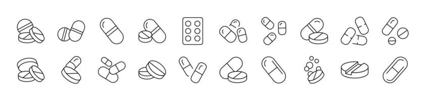 Pills and Medication Thin Icons Collection. Editable Stroke. Suitable for Web Sites, Books, Cards, Apps vector