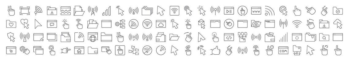 Collection of Computer Desktop Related Line Icons. Editable Stroke for Design, Web Sites, Apps, Cards. Contains Linear Images of Cursor, Wi Fi Waves, Folders, Web Pages vector