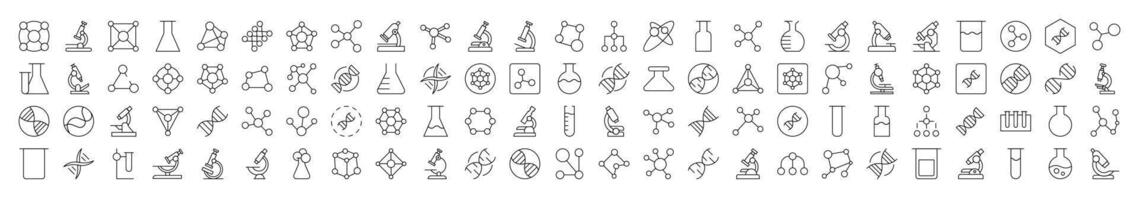 Collection of Chemistry Related Line Icons. Editable Stroke for Design, Web Sites, Apps, Cards. Contains Linear Images of Chemical Compound, Laboratory Bulbs, Atom vector