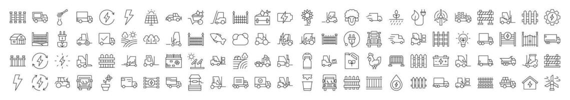 Line Icon Set of Agriculture. Contains Icons of Tractor, Fence, Farm, Energy that Can Be Used for Design of Cards, Posts, Apps, Web Sites vector