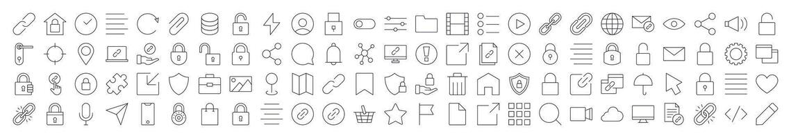 Interface Line Icon Bundle. Modern Collection for Design, Web Sites, Apps, Cards. Contains Linear Images of Share, Coding, Like, Bookmark, Menu vector