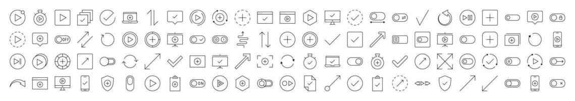 Interface Icon Set. Contains Icons of Arrows, Plus, Check, Play that Can Be Used for Design of Cards, Posts, Apps, Web Sites vector