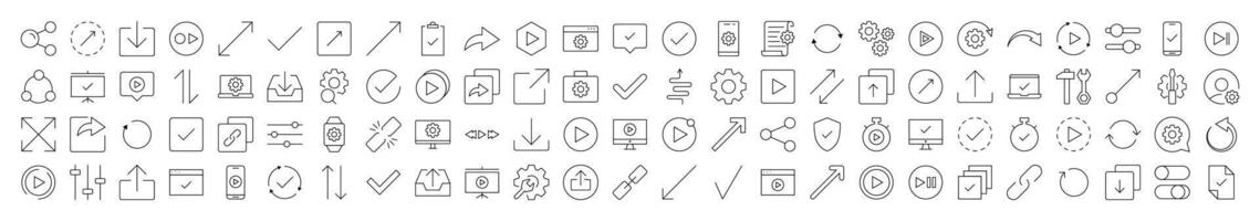 Arrows, Share, Check, Turn, Download, Settings Simple Isolated Line Icons Collection. Editable Stroke. Suitable for Web Sites, Books, Cards, Apps vector