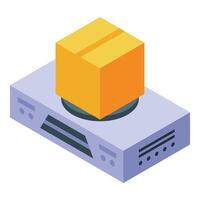 Cardboard box standing on dvd player, isometric projection of home entertainment and parcel delivery vector