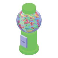 Green gumball machine dispensing colorful candy, isometric view vector