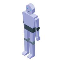 Smiling robot standing with arms down and blue eyes in isometric view vector