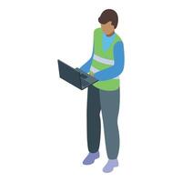 Road construction worker using laptop for engineering and monitoring vector