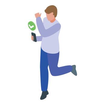 Happy man running with smartphone and check mark, successful mobile application vector