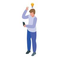 Young man having a good idea while using smartphone vector