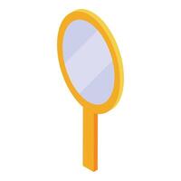 Round hand mirror with gold frame and handle reflecting light in isometric view vector
